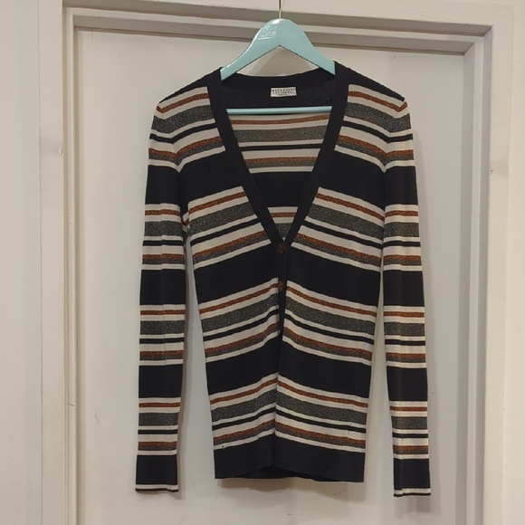 Brunello Cucinelli Cashmere Striped Metallic Cardigan S